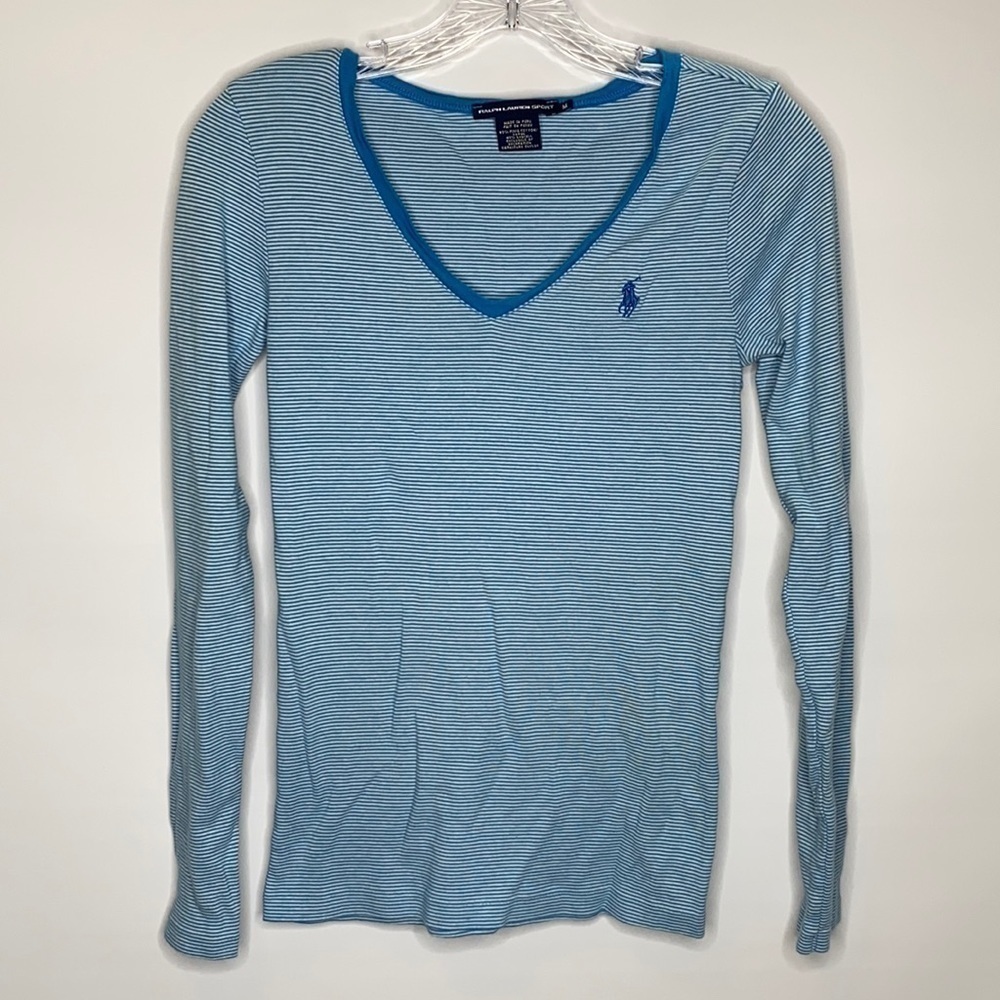 Ralph Lauren Sport Vneck Blue White Striped Shirt Medium